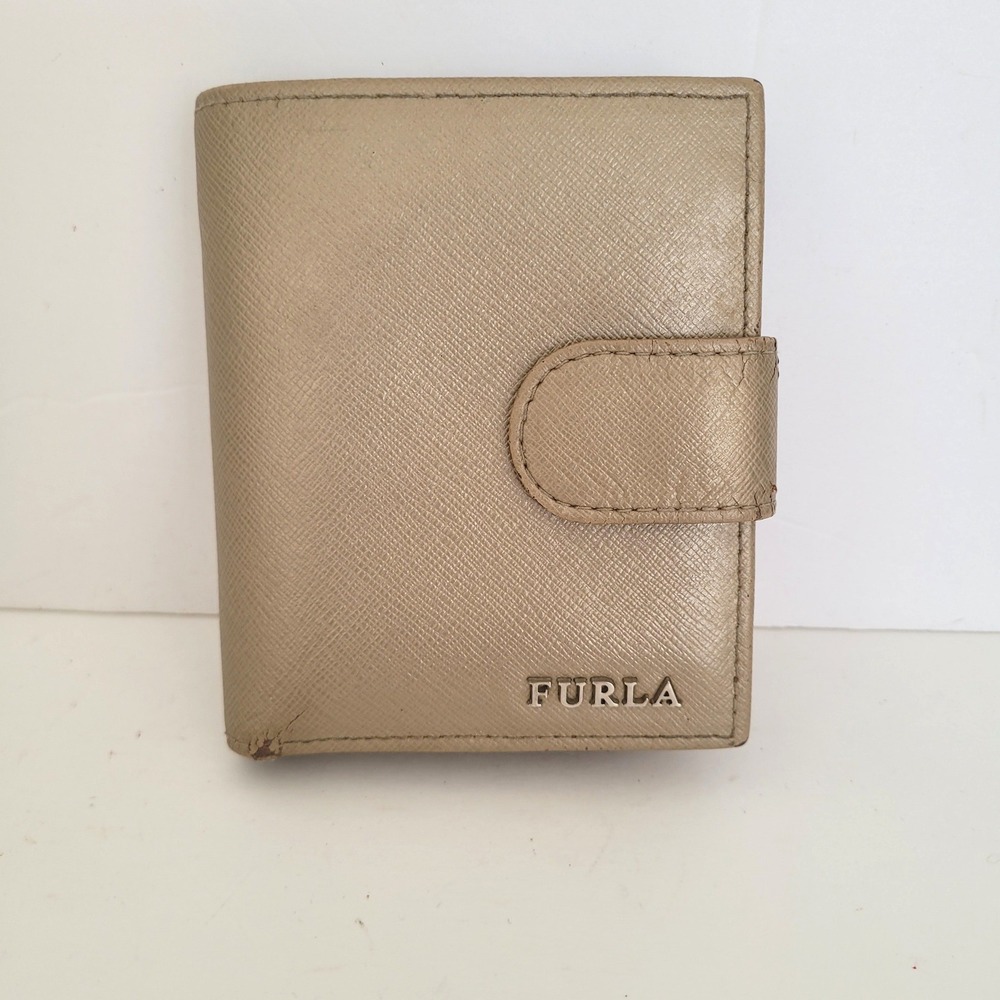 Furla Metallic Saffiano Leather Bifold Wallet Taupe Gray Snap Zip Pocket